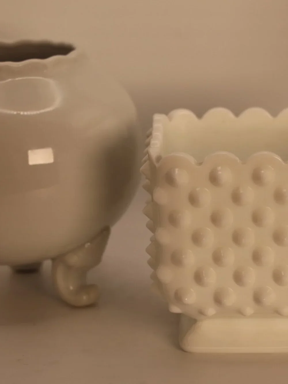Vintage White Milk Glass Hobnail Planter & Footed Vase Set